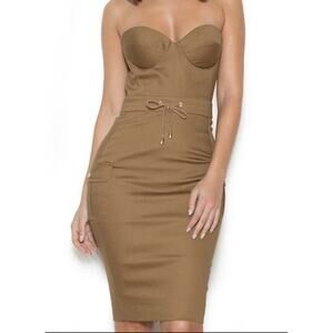 HOUSE OF CB Morena Brown Strapless Drawcord Cotton Blend Back Zip Mini Dress S
